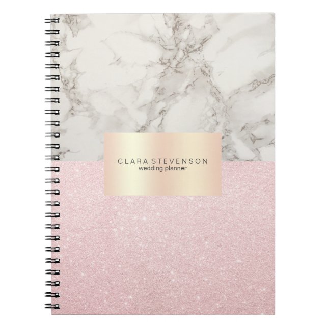 Cuaderno Elegante purpurina rosa dorado y mármol blanco (Frente)