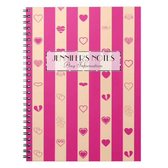 Cuaderno Elegante rayas rosadas calientes Patrón de corazón (Frente)