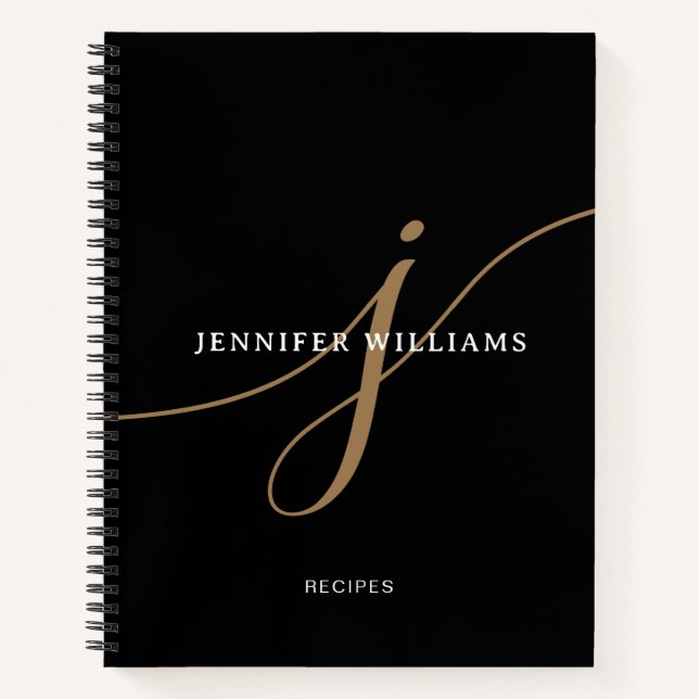 Cuaderno Elegante Receta de Monograma de Letra Script Negra (Anverso)