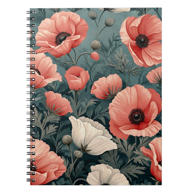 Cuaderno Elegante Rojo Blanco Rosa Poppies Oscuros Sale Flo (Frente)