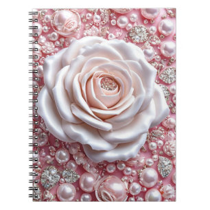 Cuaderno Elegante Rosa Blanca y Perlas Rosadas Brillantes