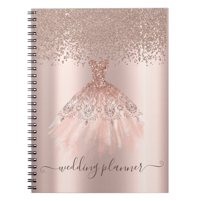 Cuaderno Elegante Rosa de Moda Purpurina de oro, diamantes, (Frente)