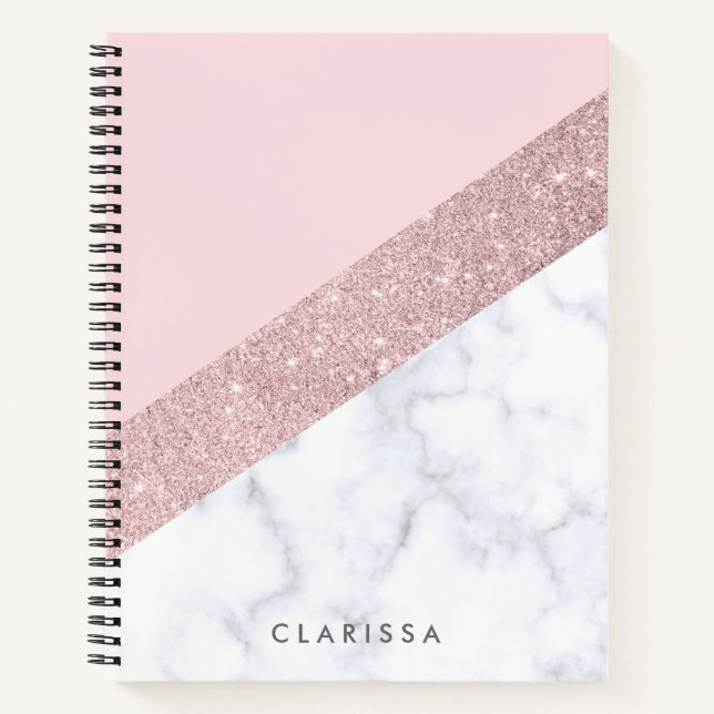 Cuaderno elegante rosa de oro purpurina mármol blanco rosa (Anverso)
