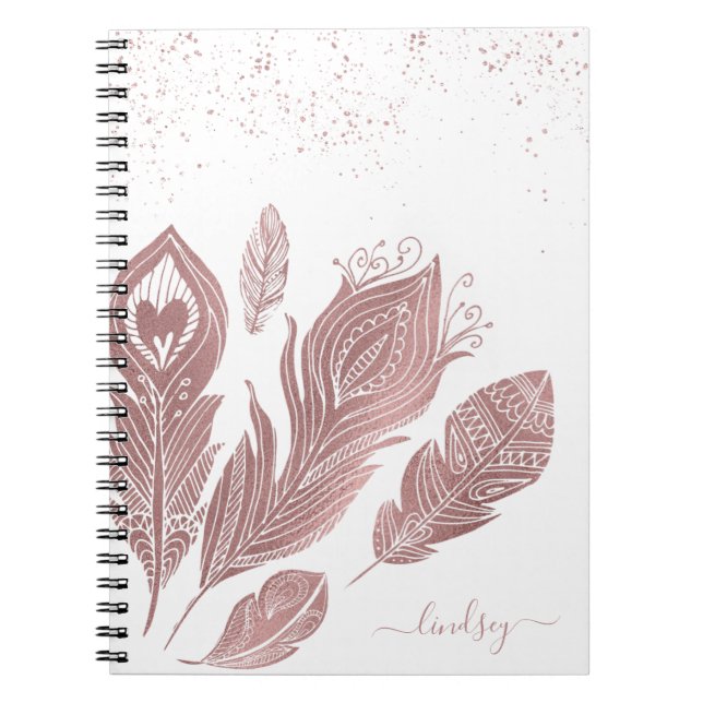 Cuaderno Elegante Rosa Faux Purpurina Feather Personalizado (Frente)