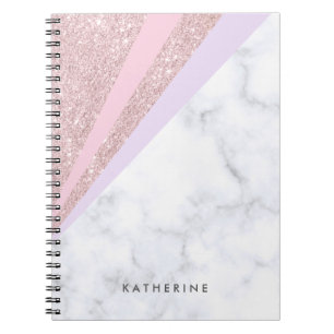 Cuaderno Elegante rosa geométrico oro purpurina mármol blan