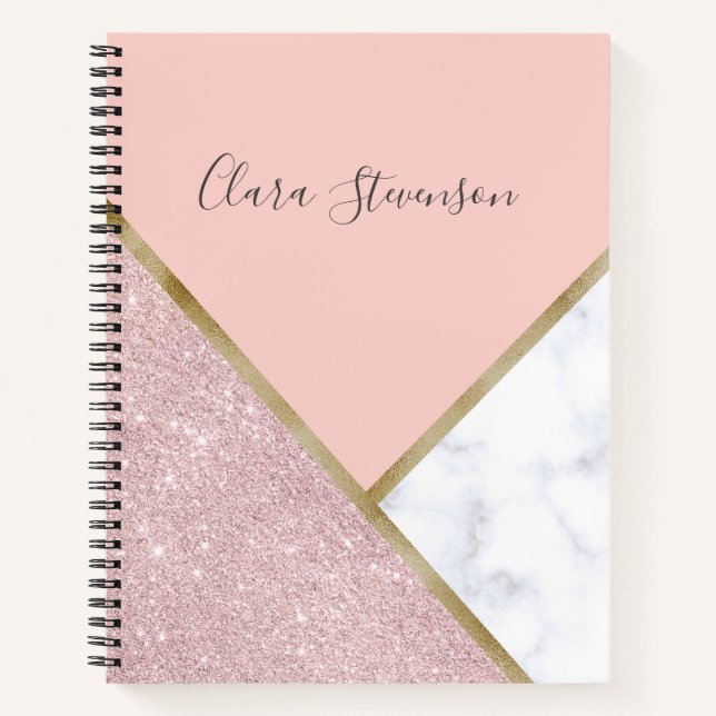 Cuaderno Elegante rosa geométrico oro purpurina mármol blan (Anverso)