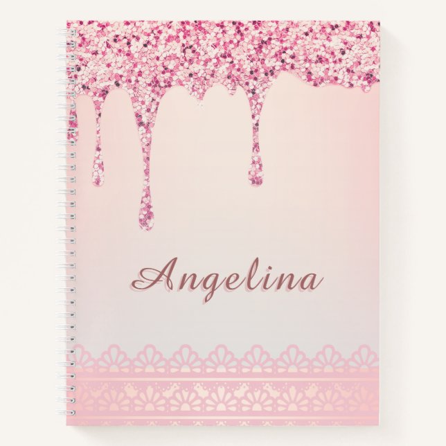 Cuaderno Elegante Rosa Glam con Goteo de Brillo (Anverso)