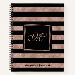 Cuaderno Elegante Rosa negro Purpurina oro a rayas Monogram