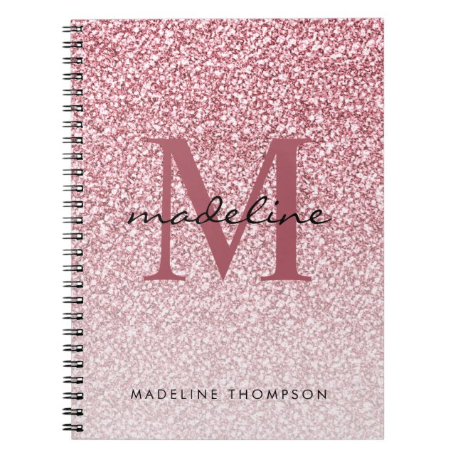 Cuaderno Elegante Rosa Purpurina de oro Girly Monograma (Frente)