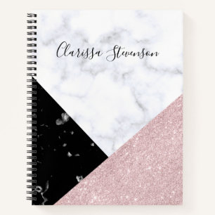 Cuaderno Elegante rosa purpurina dorado mármol blanco negr