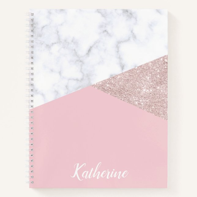 Cuaderno Elegante rosa  purpurina dorado mármol blanco rosa (Anverso)