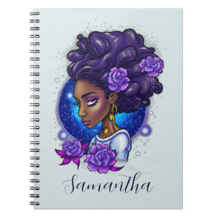 Cuaderno Elegante Rosas púrpuras afromujer
