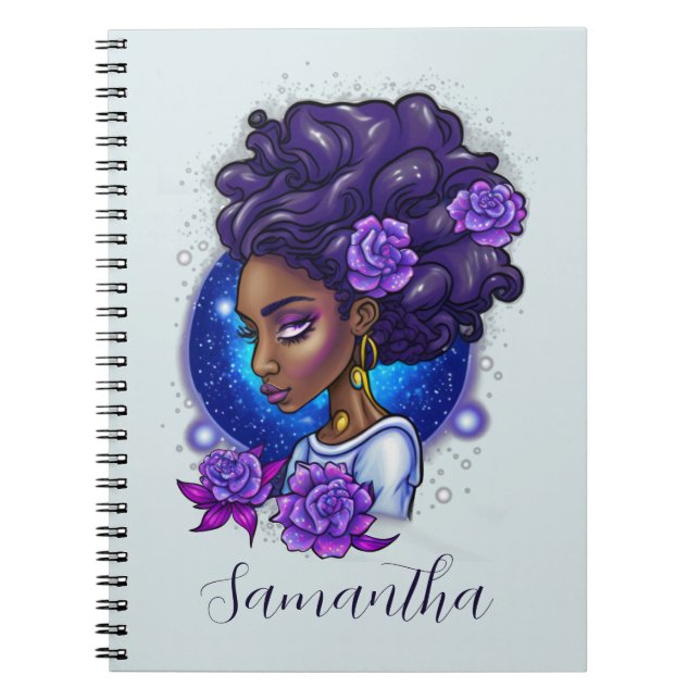 Cuaderno Elegante Rosas púrpuras afromujer (Frente)