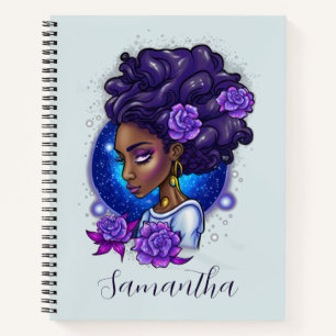 Cuaderno Elegante Rosas púrpuras afromujer
