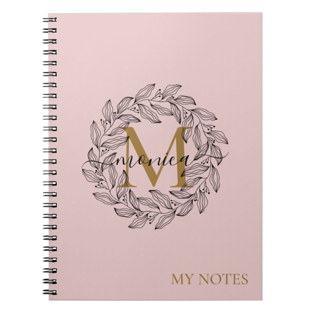 Cuaderno Elegante Rubor Rosa Girly Floral Gold Monograma (Frente)