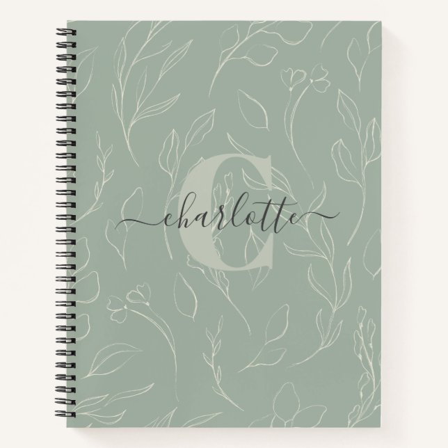 Cuaderno Elegante Rústico Sage Green Botánico Floral Nombre (Anverso)