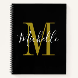 Cuaderno Elegante Script Black Gold Monograma Nombre