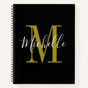 Cuaderno Elegante Script Black Gold Monograma Nombre