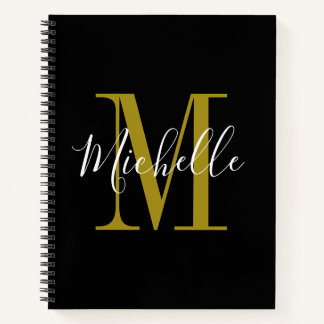 Cuaderno Elegante Script Black Gold Monograma Nombre
