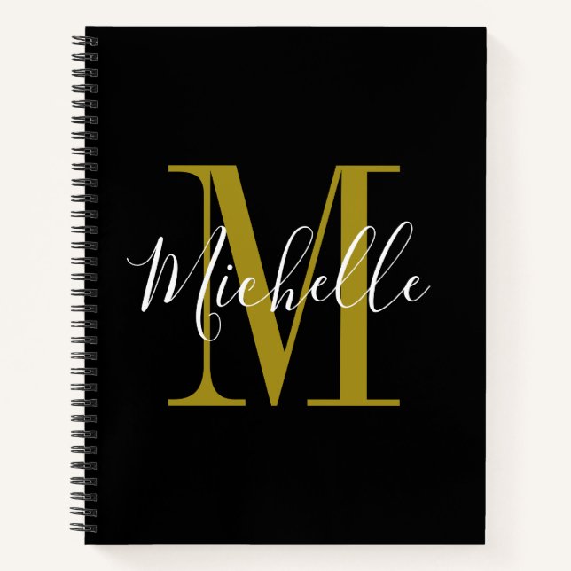 Cuaderno Elegante Script Black Gold Monograma Nombre (Anverso)