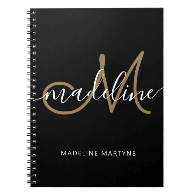 Cuaderno Elegante Script Monograma Oro Negro (Frente)