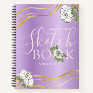 Cuaderno Elegante Sketchbook con flores de oro morado