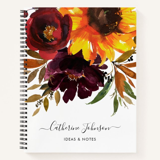 Cuaderno Elegante Sunflower Borgoña Rosa Floral acuarela (Anverso)
