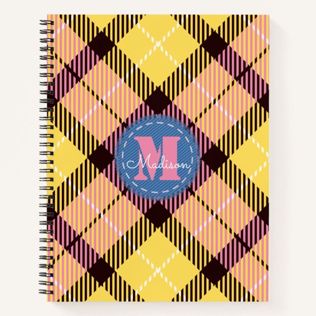 Cuaderno Elegante tartán amarillo rosado Jeans Script Monog (Anverso)