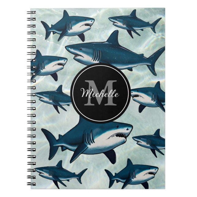 Cuaderno Elegante tiburón blanco azul Monograma Personaliza (Frente)