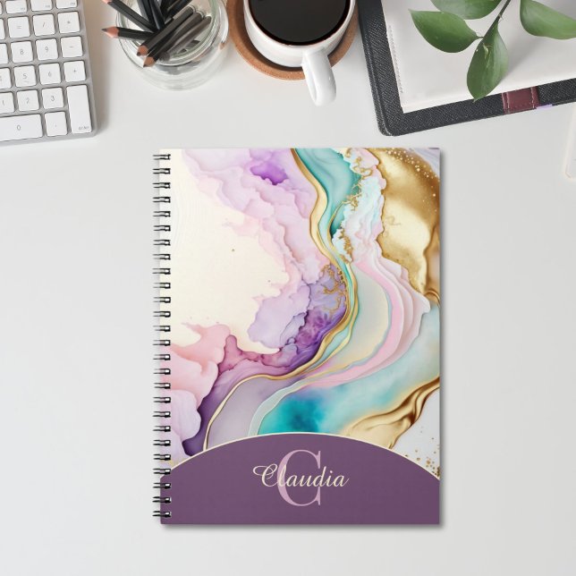 Cuaderno Elegante Tinta Líquida de Mármol de Monograma (feminine notebook with monogram)