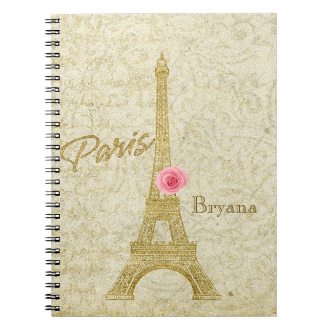 Cuaderno elegante Torre Eiffel de París dorado y r (Frente)