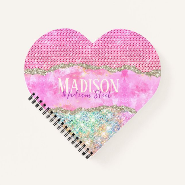 Cuaderno Elegante unicornio rosa brillo piedras monograma n (Anverso)