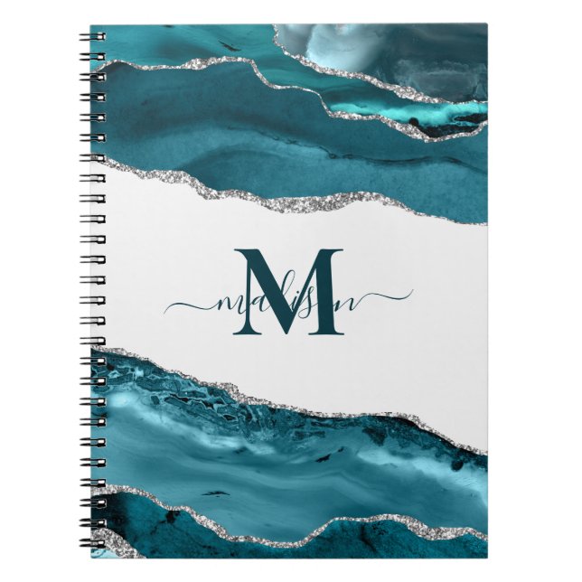 Cuaderno Elegante Verde azulado Geode Agate Monogrammed Gol (Frente)