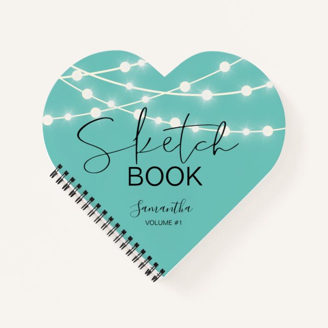 Cuaderno Elegante Verde azulado String Lights Sketchbook Yo (Anverso)