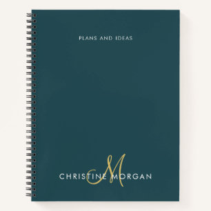 Cuaderno Elegante verde oscuro y nombre dorado monograma in