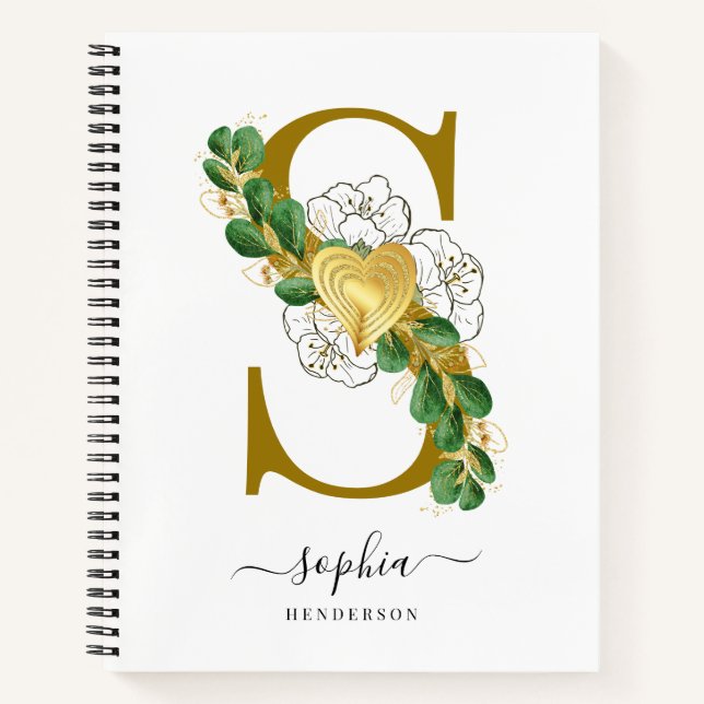 Cuaderno Elegante Verdor Floral Letra monogramada S (Anverso)
