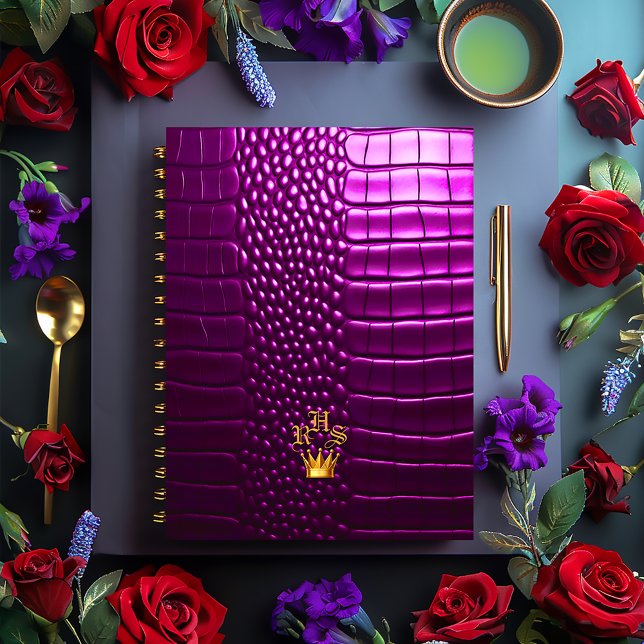 Cuaderno Elegante Vivid Purple Faux Crocodile Monogramado (Elegant Vivid Purple Crown Emblem Monogrammed Notebook- Glossy Soft Cover or Matte Hard Cover )