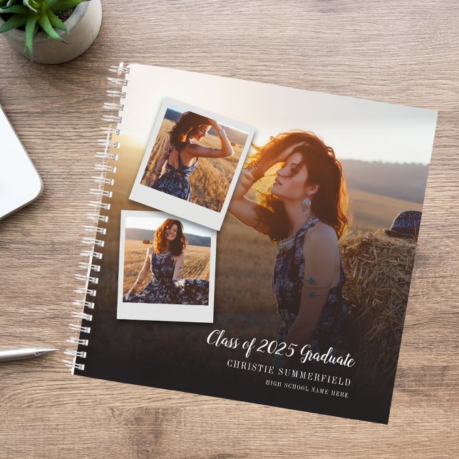 Cuaderno Elegante y moderno invitado de graduación de foto  (Modern Elegant Navy Script Photo Graduation Guest Notebook)