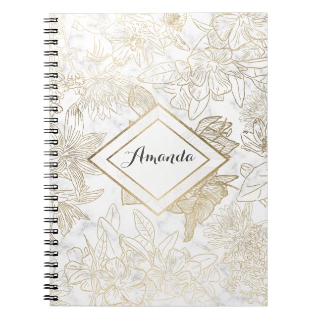 Cuaderno Elegante y moderno mármol dorado gris blanco flori (Frente)