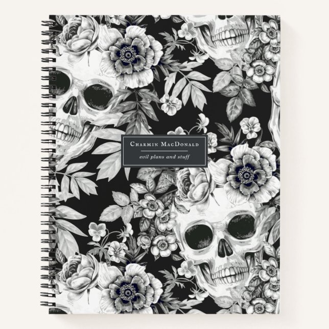 Cuaderno Elegantes cráneos de flores oscuras sobre negro pe (Anverso)