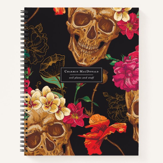 Cuaderno Elegantes cráneos de flores oscuras sobre negro pe (Anverso)