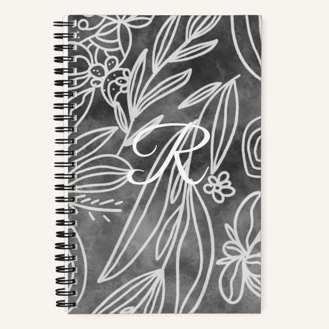 Cuaderno Elegantes hojas de monograma en blanco y negro (Anverso)