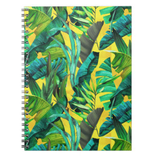 Cuaderno Elegantes hojas verdes tropicales patrón amarillo