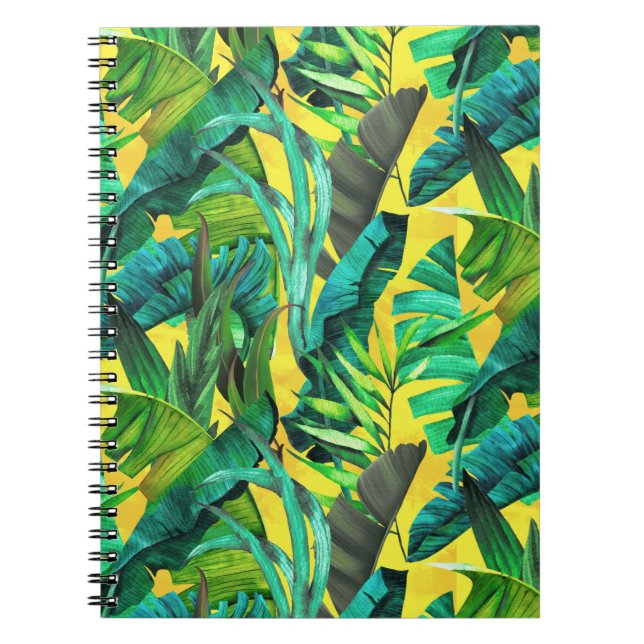 Cuaderno Elegantes hojas verdes tropicales patrón amarillo (Frente)