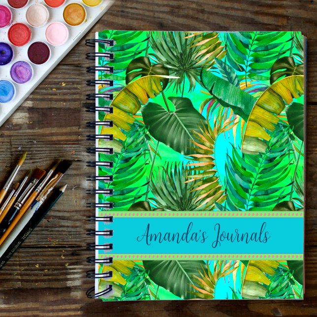Cuaderno Elegantes hojas verdes tropicales patrón azul amar (Subido por el creador)