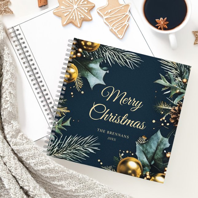 Cuaderno Elegantes Navidades con festividades de oro azul (Elegant Christmas Wreath Blue Gold Holiday Notebook)