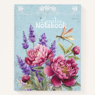 Cuaderno Elegantes peonías monograma Lavanda Azul Rosa Púrp