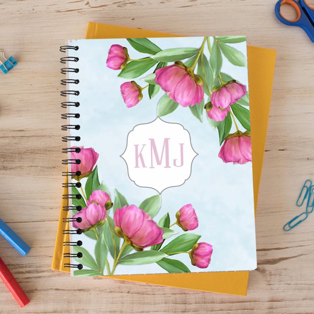 Cuaderno Elegantes polos botánicos rosados monográficos (Pretty pink peonies bouquet spiral notebook)