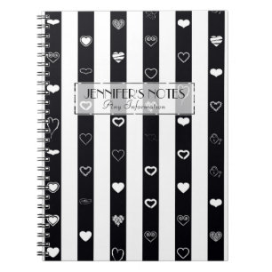 Cuaderno Elegantes Rayas Blancas y Negras Patrón de Corazón
