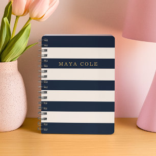 Cuaderno Elegantes rayas de crema y azul marino con nombre